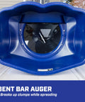 Interior view of Pro Grade Salt And Ice Melt Spreader For Contractors 100 Lb Capacity, showing spiked auger inside blue weather-resistant hopper.