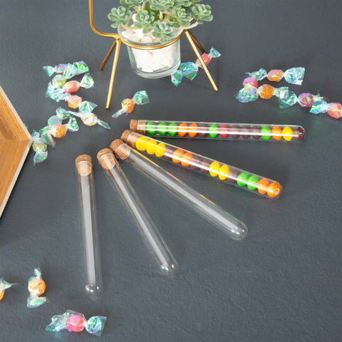 Glass Test Tube Set, 24 Pieces, 80ml Each, 25 By 200mm Glass Tubes With Cork Stoppers displayed with colorful beads.