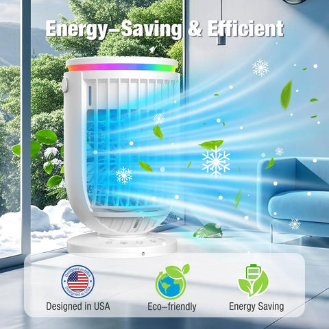 4 In 1 Personal Evaporative Air Cooler with 1200ml Water Tank emitting cool air in a bright room, energy-saving features highlighted