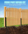 Two Pack Heavy Duty Fence Post Repair Kit With Black Powder Coated Post Anchors For Tilted Or Broken Wood Fence Posts Universal Fit Sturdy Carbon Steel Construction Easy Install Long Lasting Fence Fix in use on wooden fence