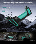 Rugged Wireless Barcode Scanner With Stand For Android iOS Windows Mac 1D 2D QR Bluetooth USB Barcode Reader, drop resistant, dustproof, waterproof, industrial grade, shown in rocky environment.