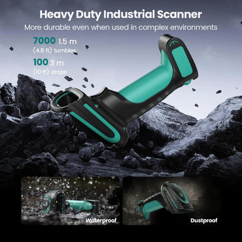 Rugged Wireless Barcode Scanner With Stand For Android iOS Windows Mac 1D 2D QR Bluetooth USB Barcode Reader, drop resistant, dustproof, waterproof, industrial grade, shown in rocky environment.