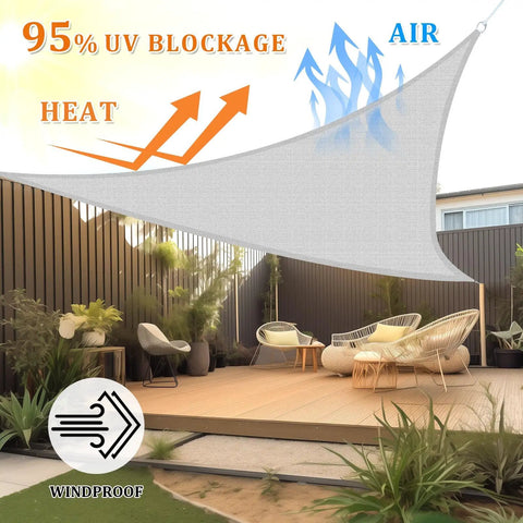 Triangle Shade Sail 16 By 16 By 22 Feet 6 Inches Light Grey Breathable UV Blocking Outdoor Canopy installed over patio.
