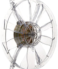 Close-up view of swap in fan blade and motor assembly replacement kit for standard RV roof vents with clear fan blades.