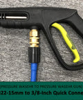 No-Fuss M22 To 3 Eighths Inch Quick Hose Connect Kit For Pressure Washers attached to gun with 15mm thread adapter