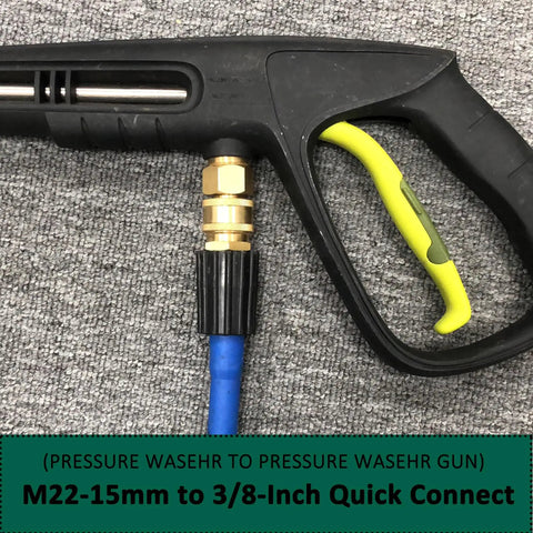 No-Fuss M22 To 3 Eighths Inch Quick Hose Connect Kit For Pressure Washers attached to gun with 15mm thread adapter