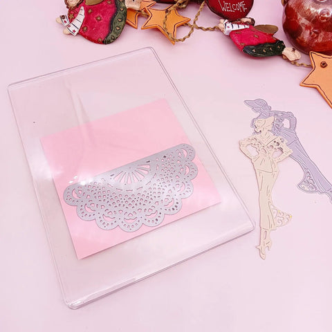 Must Have Four Transparent Acrylic Cutting Pads Set For 6.5 Inch Die Cutting Machines, 0.12 Inch Thick on pink surface with craft items