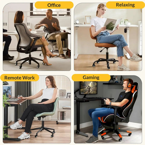 Universal Fit 2 Inch Rubber Office Chair Wheels Replacement Set Of 5 For Carpet And Hardwood Floors, Heavy Duty Casters with people using chairs in office, relaxing, remote work, and gaming settings.