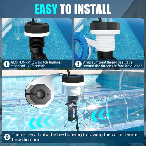 Flow Switch Replacement For Hayward Salt Systems And Salt Cells With 15 Ft Cable Compatible With GLX-FLO-RP, GLX-FLO-HP, And OPT-FS installed in pool tee housing