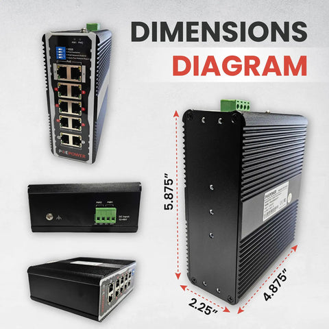 Dimensions diagram of Eight-Port Industrial Gigabit PoE Switch Built For Solar Installs Tough As Nails With 12V-48V DC Input