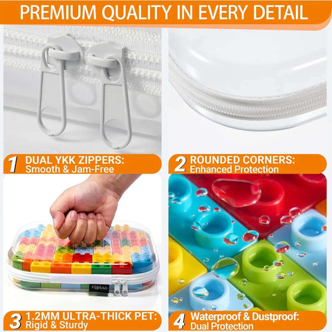Close-up of Clear Hard Shell Makeup Pouch Set showing durable dual zippers, rounded corners, and waterproof design.