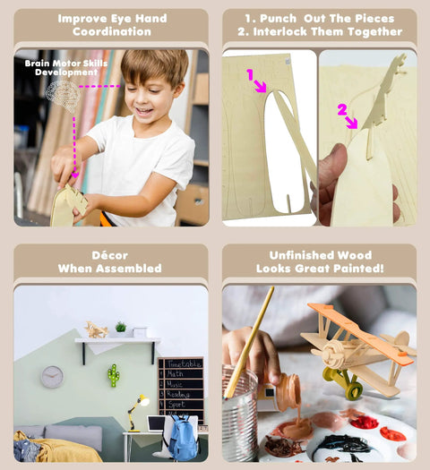 Child assembling Nieuport 17 Wooden Airplane Model Puzzle Kit with 30 pieces for educational value in home or school setting.