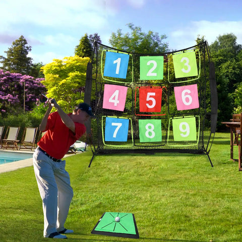 Man using Portable Disc Golf Training Net With Nine Target Grids For Backyard Indoor Outdoor Practice, 7 by 7 feet.