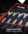 Jumbo Metric Combination Wrench Set With Roll Case 7 Piece Chrome Plated Beefy Tools in black canvas roll pouch