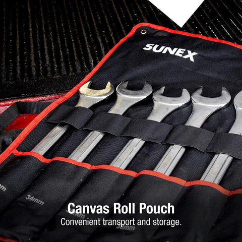 Jumbo Metric Combination Wrench Set With Roll Case 7 Piece Chrome Plated Beefy Tools in black canvas roll pouch