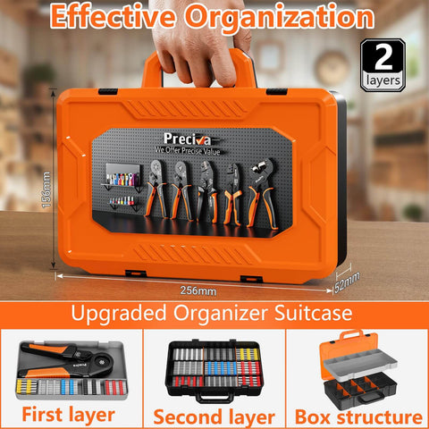 Ferrule Crimping Tool Kit With 1500 Wire Connectors, Adjustable Ratcheting Hex Crimpers For AWG 28 To 5, Portable Carry Case