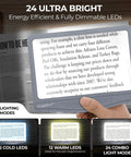 Rechargeable 5X LED Page Magnifier With Foldable Stand Eye Care Anti Glare Lens 24 LED Lights 3 Color Light Modes, showing reading text.