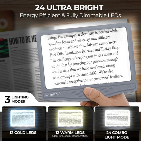 Rechargeable 5X LED Page Magnifier With Foldable Stand Eye Care Anti Glare Lens 24 LED Lights 3 Color Light Modes, showing reading text.