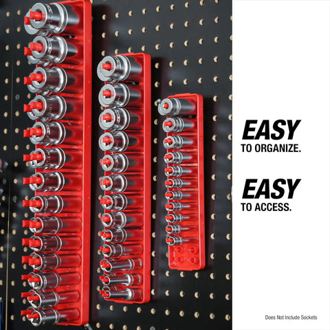 Red Six Piece SAE And Metric Socket Tray Set For Quarter, Three Eighths, And Half Inch Drives Mounted On Wall Display