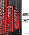 Six Piece Socket Organizer Set For SAE And Metric Sockets, Fits Quarter Inch, Three Eighths Inch, And Half Inch Drive Sockets on pegboard
