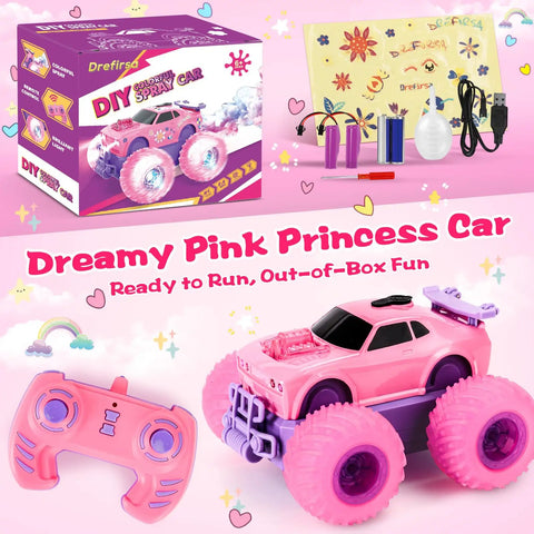 Princess Themed Remote Control Monster Truck For Girls With DIY Sticker Kit, Colorful Wheel Lights And Headlights, Rotation Spin