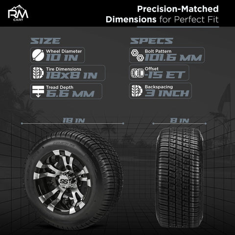 Warlock Black And Machined 10 Inch Golf Cart Wheel And Tire Kit With 205/50-10 Low Profile Tires Pre Mounted On Aluminum Rims Includes Caps And 16 Standard Lug Nuts Fits Club Car EZ Go specifications