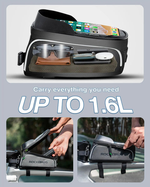 Waterproof Front Frame Bike Bag for 7-Inch Phone, showing compartments with phone, sunglasses, and tools inside. Easy access design.