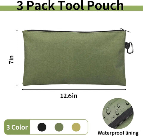 3 Pack Heavy Duty Tool Pouch Set With Zipper Carabiner Clips Rugged Premium Multipurpose Gear Pouches In Green 12.6 x 7 in