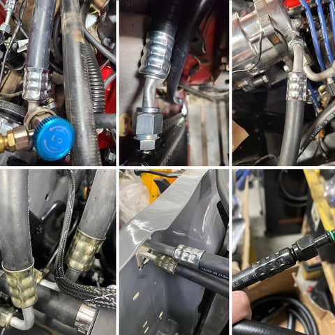 Image of Hydraulic Hose Crimper For Auto AC Handheld Crimp Tool With Snap On 7 Die Set Hydra Krimp For Air Conditioning Hoses And AC Line Repair No Bench Needed, showing crimped AC hose connections