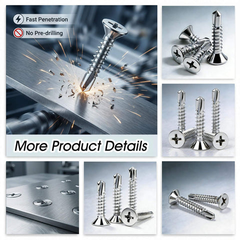 12 By 2 And A Half Inch Flat Head Phillips Self Tapping Screws For Metal And Plastic, 410 Stainless Steel High Hardness Self Drilling Screws, Sheet Metal Screws For Wood And Metal Projects, Fifty Pieces visible with sparks on metal surface.