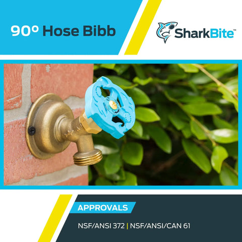 90 Degree Hose Bibb With Push To Connect Inlet Brass Plumbing Fitting installed on outdoor faucet