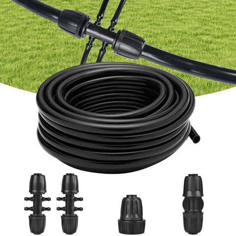50 Feet 1/2 Inch Drip Irrigation Tubing Main Line Hose with connectors and adapters for garden watering system on green grass background