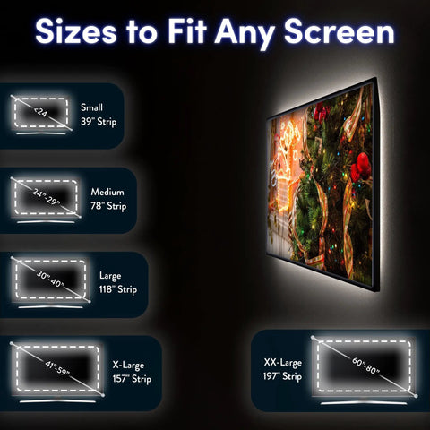 Dope Ambient TV Bias Lighting LED Backlight Strip for 41 to 59 Inch TVs, size options and examples on screen, white glow effect.