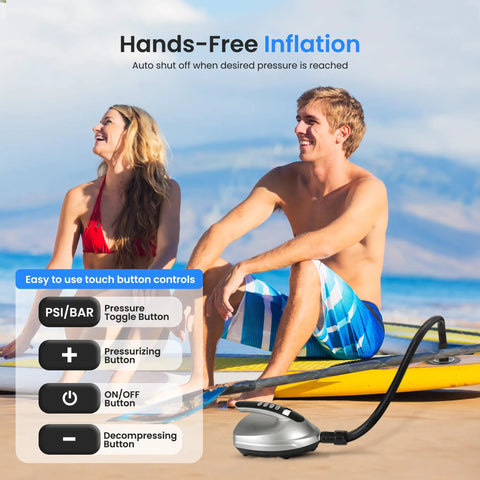 Electric Inflatable Paddle Board Pump With 20 PSI High Pressure Auto Shut Off 12V Car Connector Detachable 3.3 Ft Hose Fast Inflator