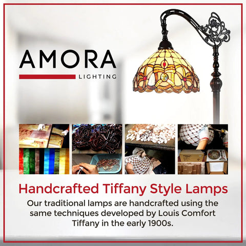 Arched Tiffany Style Floor Lamp With Stained Glass Shade In Tan Yellow Brown Antique Vintage Look For Bedroom And Living Room 62 Inch Tall LED Ready And E26 Bulb Compatible Ideal Reading And Gift Decor with close-up of lamp shade.