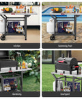 Movable Grill Table With Folding Side Table And Pizza Oven Prep Cart For Outdoor And Indoor Use, Stainless Steel 43 Inch Tabletop With Undershelf, Six Utensil Hooks, Gas Cylinder Hook, Easy Foldable Extension, Grey near kitchen, pool, garden, and courtyard.