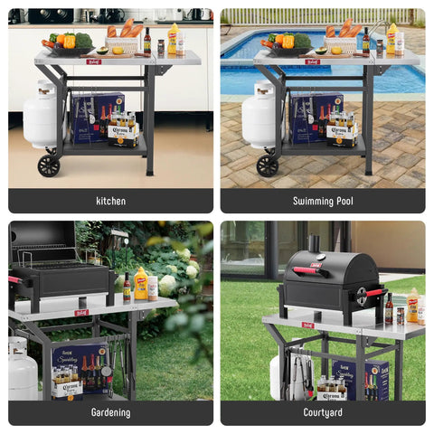 Movable Grill Table With Folding Side Table And Pizza Oven Prep Cart For Outdoor And Indoor Use, Stainless Steel 43 Inch Tabletop With Undershelf, Six Utensil Hooks, Gas Cylinder Hook, Easy Foldable Extension, Grey near kitchen, pool, garden, and courtyard.