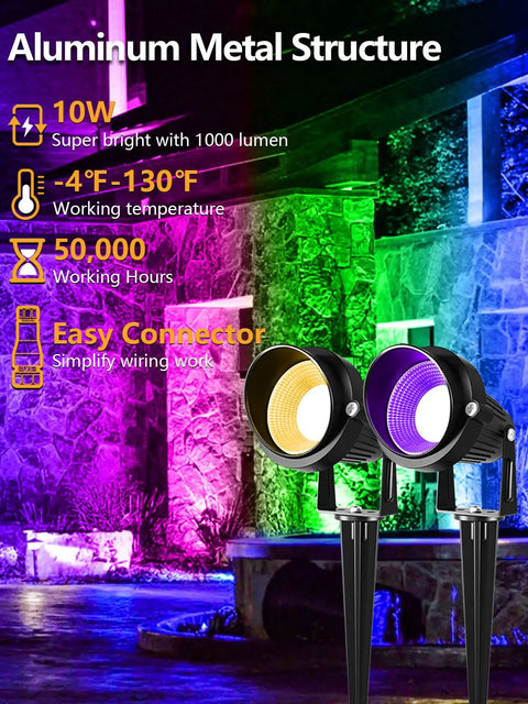 Low Voltage RGBW Landscape Lighting Kit With 10W Outdoor LED Spotlights for yard highlighting colorful building wall