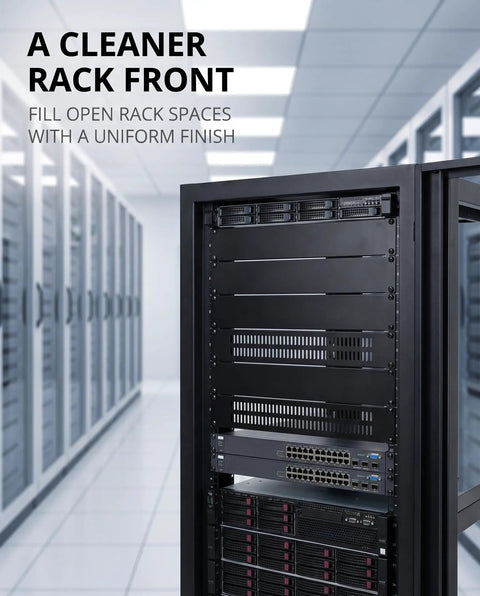 Heavy Duty 5 Piece 2U Rack Mount Blank Panel Steel Server Cabinet Filler Plate With Screws And Cage Nuts Top Shelf Clean For Your No Sweat Server Setup in a clean server rack.