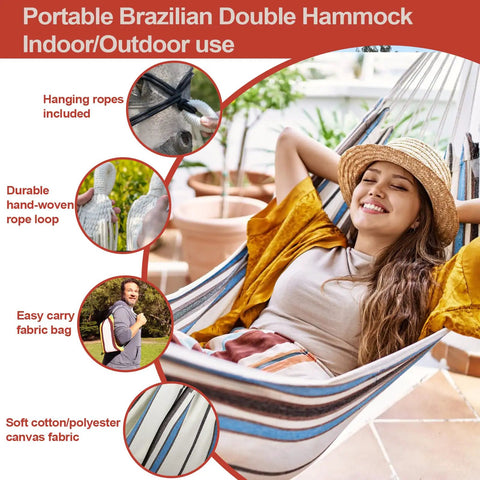 Relaxing in Single Person Brazilian Hammock With Carry Bag And Strong Ropes, Ultra Comfortable Cotton Polyester Fabric, stylish blue and green stripes, outdoor scene.