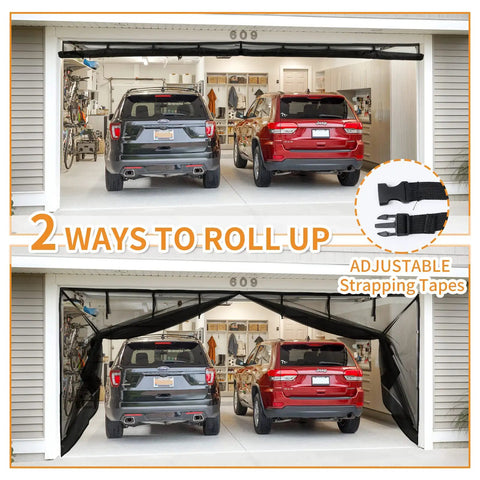 16 By 7 Foot Garage Door Screen For Two Car Garage Super Easy Install With Strong Magnetic Closure in two roll-up positions