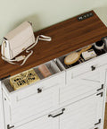 Farmhouse Narrow Shoe Cabinet With Odor Control Deodorizer 2 top drawers open, displaying storage items on a wooden top.