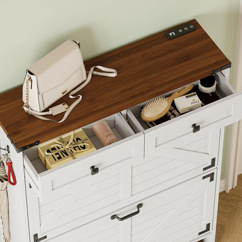Farmhouse Narrow Shoe Cabinet With Odor Control Deodorizer 2 top drawers open, displaying storage items on a wooden top.