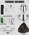 All In One Camping Mess Kit With 18 8 Stainless Steel Utensils And Complete Dinnerware Set Travel Cutlery Mesh Bag Included