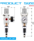 Dimensions of Air Filter Regulator Combo With Auto Drain For Pneumatic Systems, 5 Micron Brass Element, front and side view.