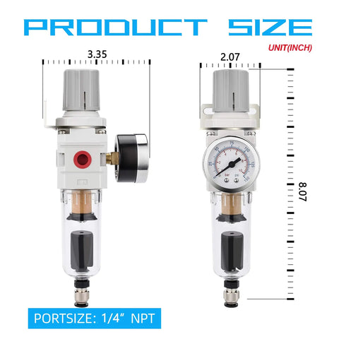 Dimensions of Air Filter Regulator Combo With Auto Drain For Pneumatic Systems, 5 Micron Brass Element, front and side view.