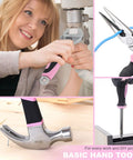 Pink Tool Set For Women 220 Piece Home Repair Kit With Durable Forged Steel Pliers And 12 Inch Wide Mouth Open Storage Tool Bag Great For DIY Projects And Everyday Home Fixes Around The House, showing user fixing faucet, pliers with wire, hammer, screwdriver in action.