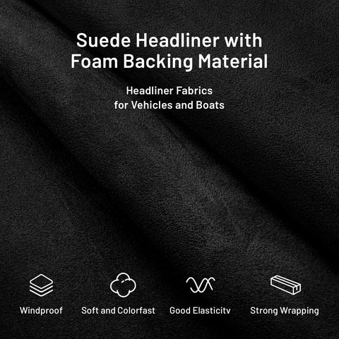 Black suede auto headliner fabric with foam backing, 98 in L × 60 in W for cars, trucks, SUVs
