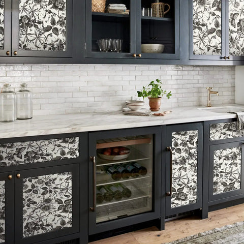 Kitchen cabinets adorned with Floral Vintage Peel And Stick Wallpaper With Rose Design Removable Vinyl For Walls, Thick And Repositionable.