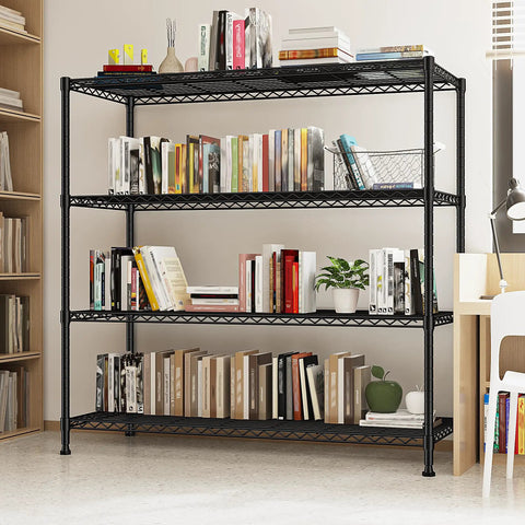 Extra Wide 4 Tier Storage Rack With 800 Lbs Capacity Adjustable Shelves Black Metal Shelf Unit For Garage Closet Kitchen Utility And Bulk Storage Heavy Duty Steel Construction For Long Lasting Use, black steel shelf with books